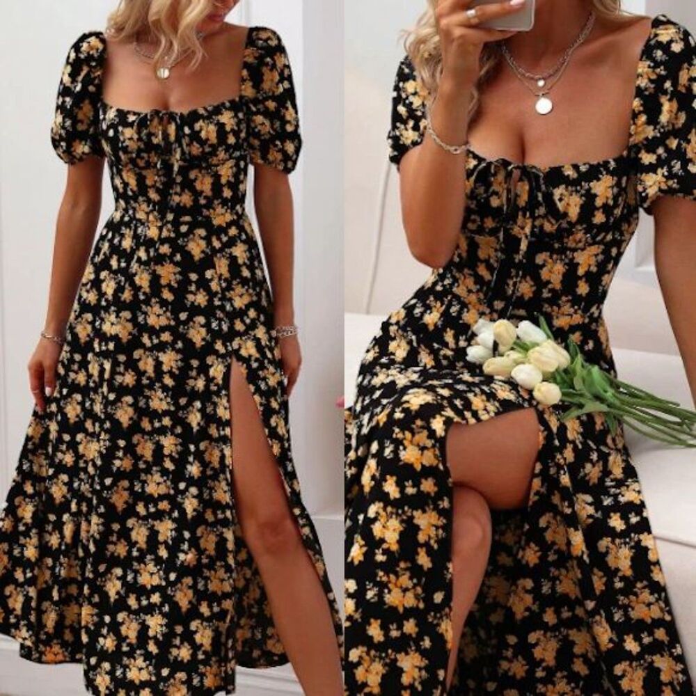 Floral Puff-Sleeve Maxi Dress in Black and Yellow